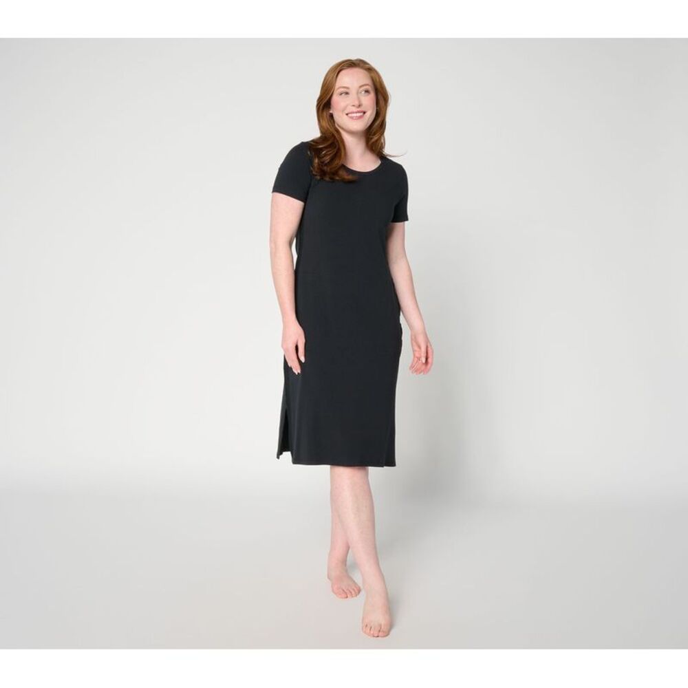 Cuddl Duds Women's Dress Sz M Cottonwear+ Lace Trim Midi Tee Lounge Black